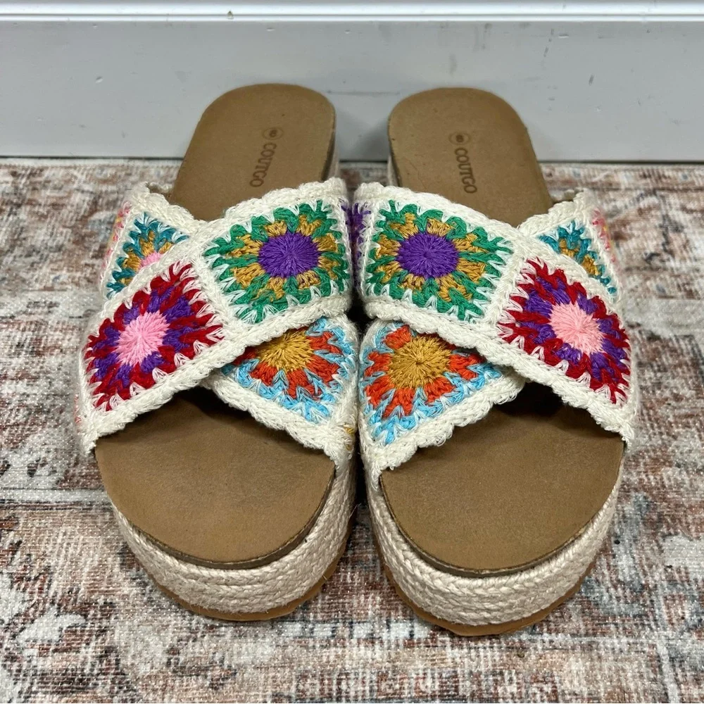 Coutgo Platform Espadrille Sandals Women 8 Floral Crochet Cork Platform Open Toe - Picture 3 of 6